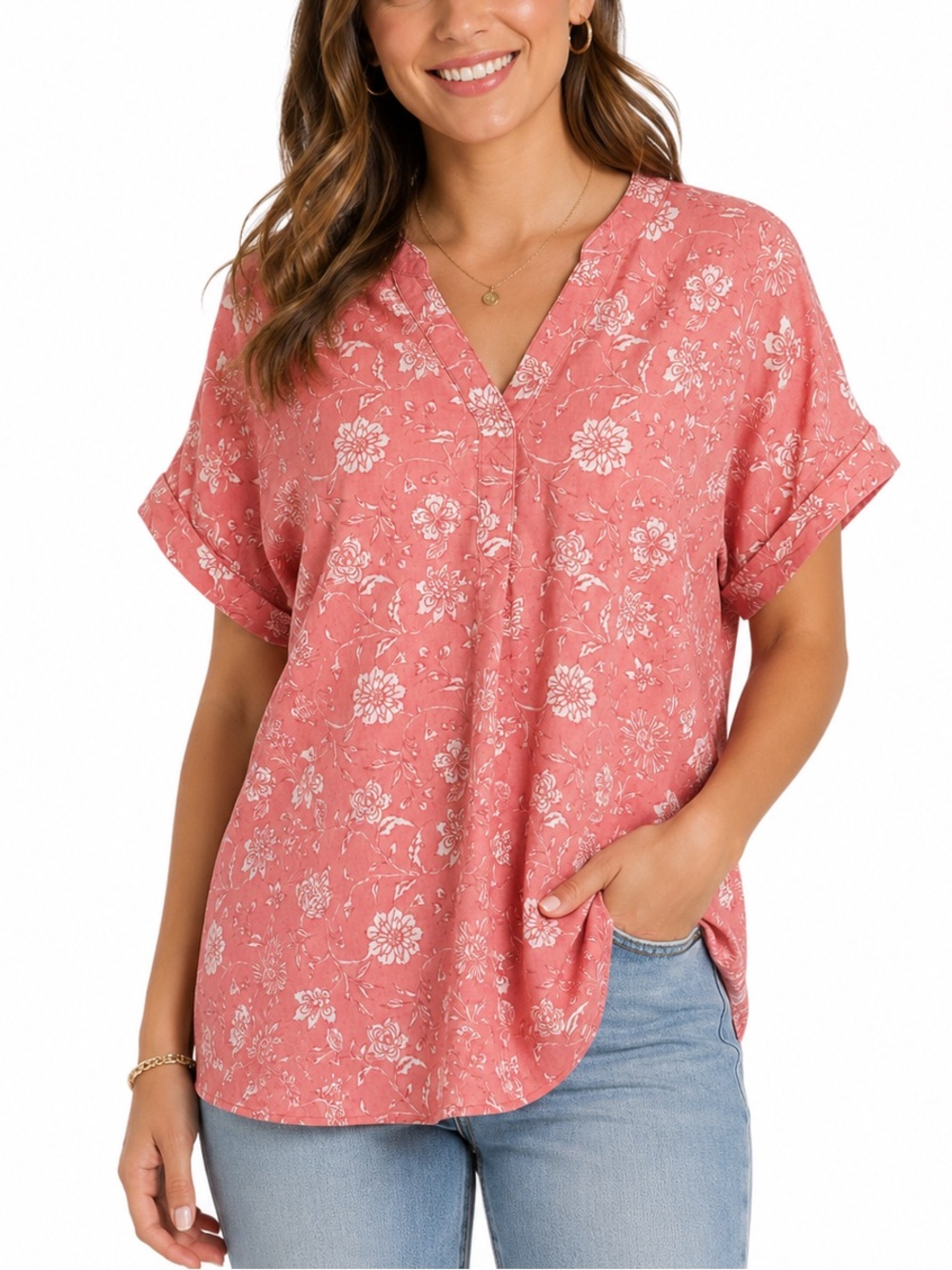 Casa Cabana Linen blend Women's XL Floral V-Neck Short Sleeve Tunic - Rose Pink